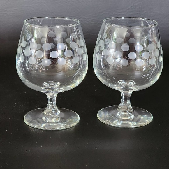 Pair of Vintage Etched Polka Dot Crystal Brandy Glasses Snifters - Picture 5 of 10